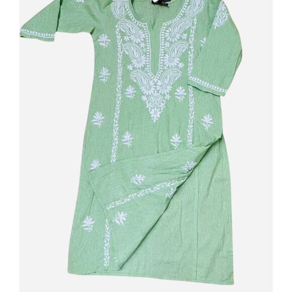 Mahpara Chikankari Tunic Dress Small Light Green White Embroidered‎ Ethnic Kurta - Picture 5 of 8